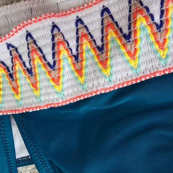 NWT Blue-Green/Teal 2-piece High Waisted Swimsuit with Embroidery - Picture 3 of 7